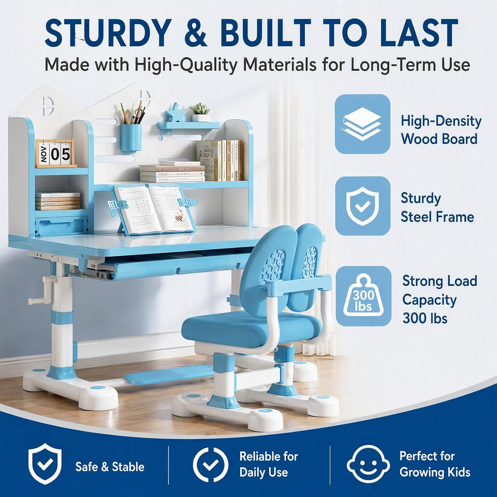 Height Adjustable Teen Study Desk, 31.5" with Chair, 50° Tiltable (Blue)