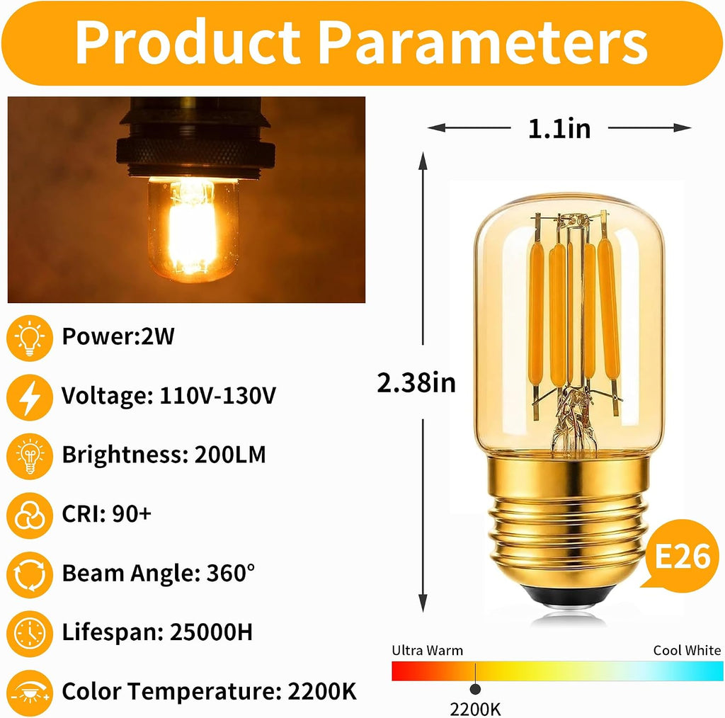 E26 2W Amber 2200K 200 LM Ultra Warm White Glow LED Bulb 2 Pack