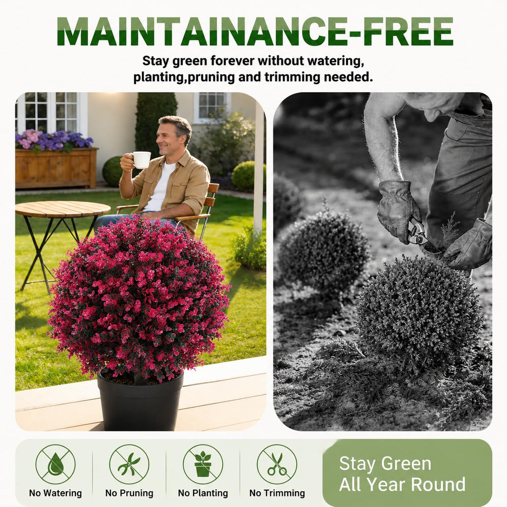 Artificial Cedar Eucalyptus Ball Trees 25" Set of 2, UV Resistant Faux Boxwood Plants with Ground Spikes for Outdoor