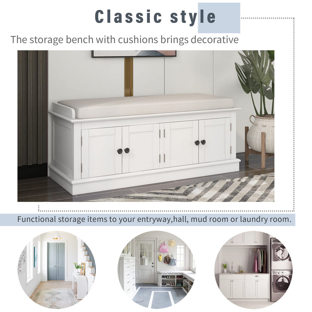 Modern Rustic Wood Shoe Bench with Removable Cushion Multipurpose Window Storage Cabinets Living Room Bedroom White