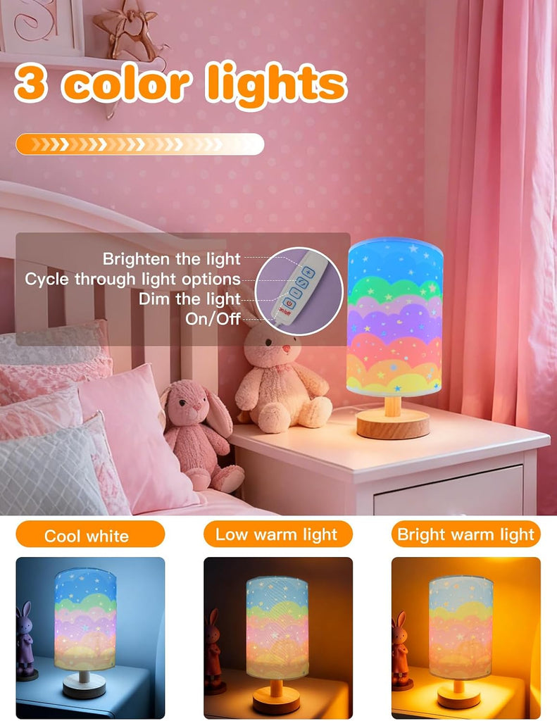 Kids Table Lamp, Rainbow Lamp, 3 Level Dimmable Wood Nightstand Desk Base Flaxen Fabric Shade Living Room,Rainbow