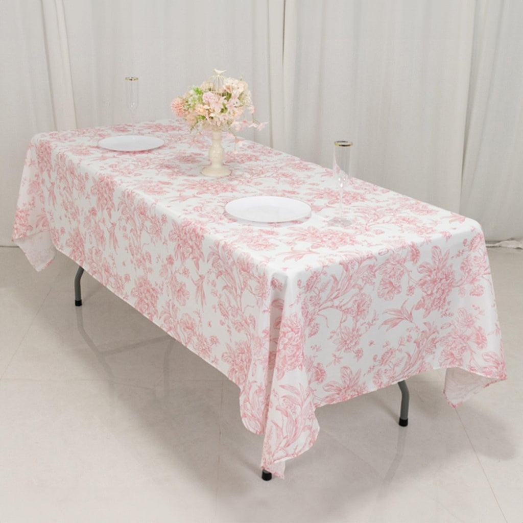 60x102 inch Tablecloth White Pink French Toile Polyester Rectangular Vintage Pastoral Floral Rustic Table Cloth