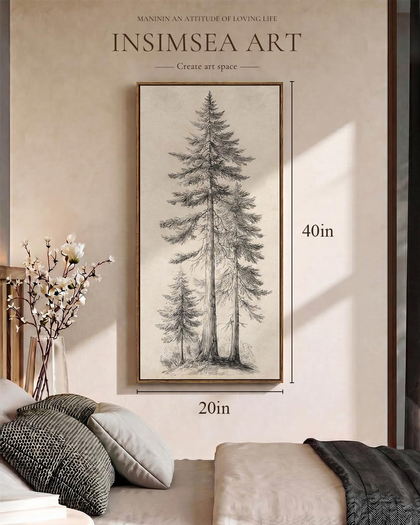 Extra Large Framed Vertical Wall Art, Sketch Tree Decor, 20x40inch