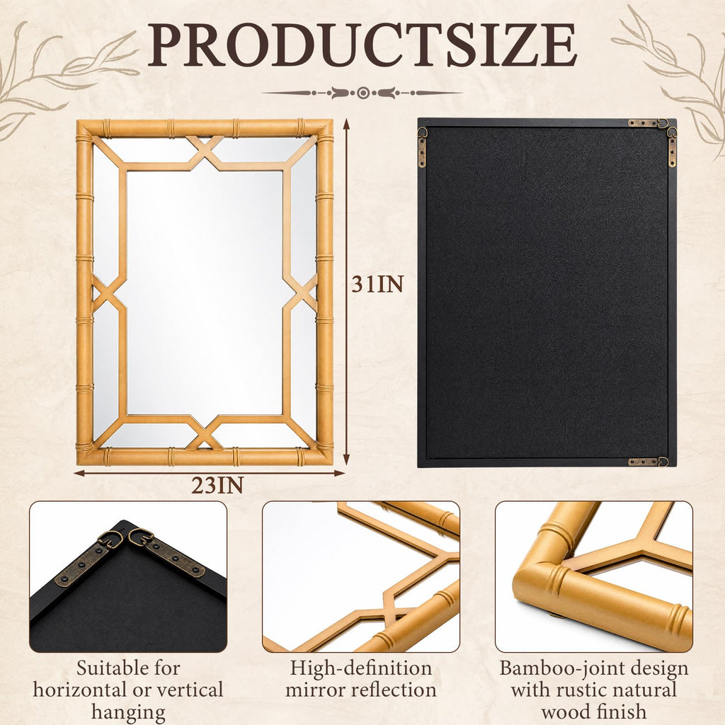 Bamboo-Look Frame Wall Mirror Decor, 23" ×31", Natural Wood