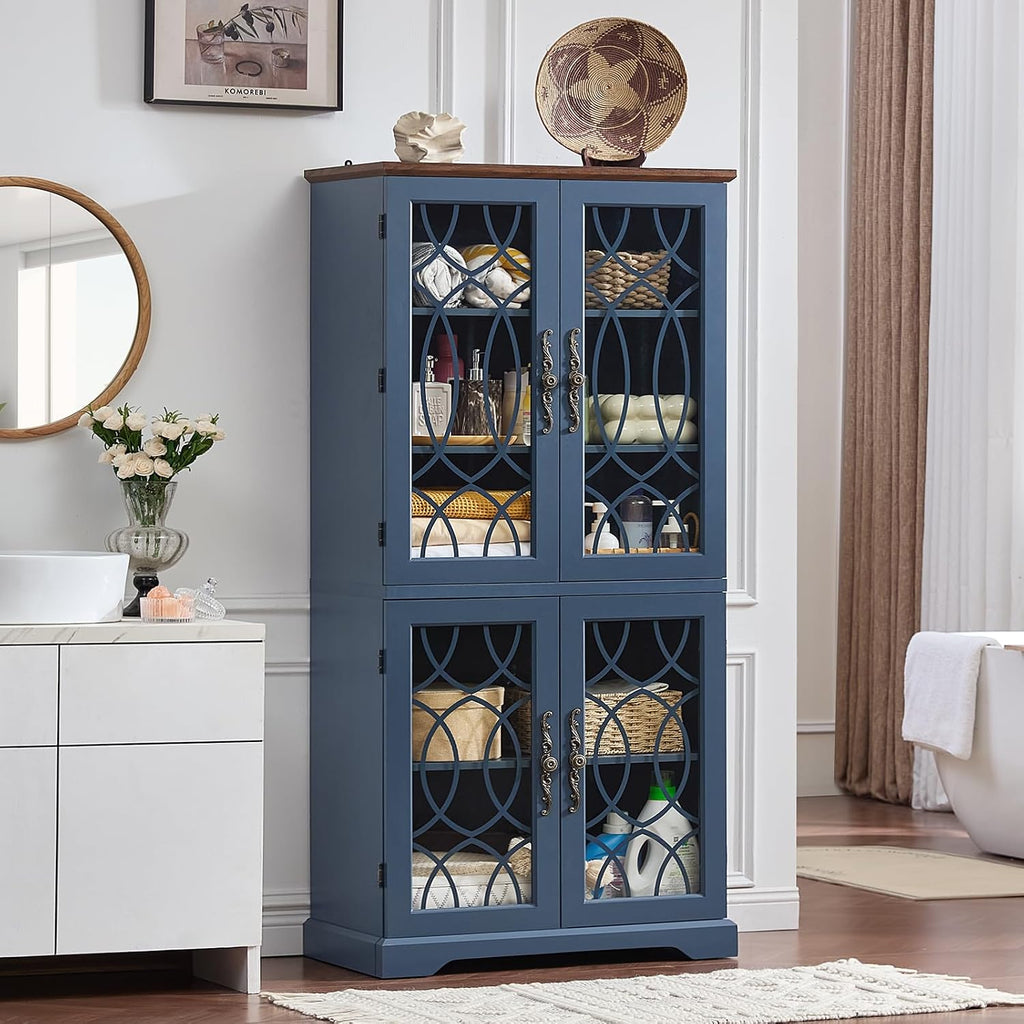 67" Tall Bookshelf, Rustic Book Shelf w/Vintage Pattern Tempered Glass Doors, 5-Tier Wood Bookcase with Adjustable