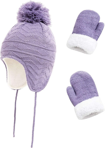 Kids Winter Beanie Hat Mittens Set Warm Fleece Hat Baby Toddler Knitted Hat & Gloves for Boys, Girls