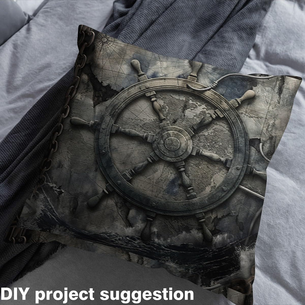 Gothic Ship Rudder Fabric By The Yard, Retro Map Upholstery Fabric, Scary Ocean Chain Decorative Fabric, Pirate Theme