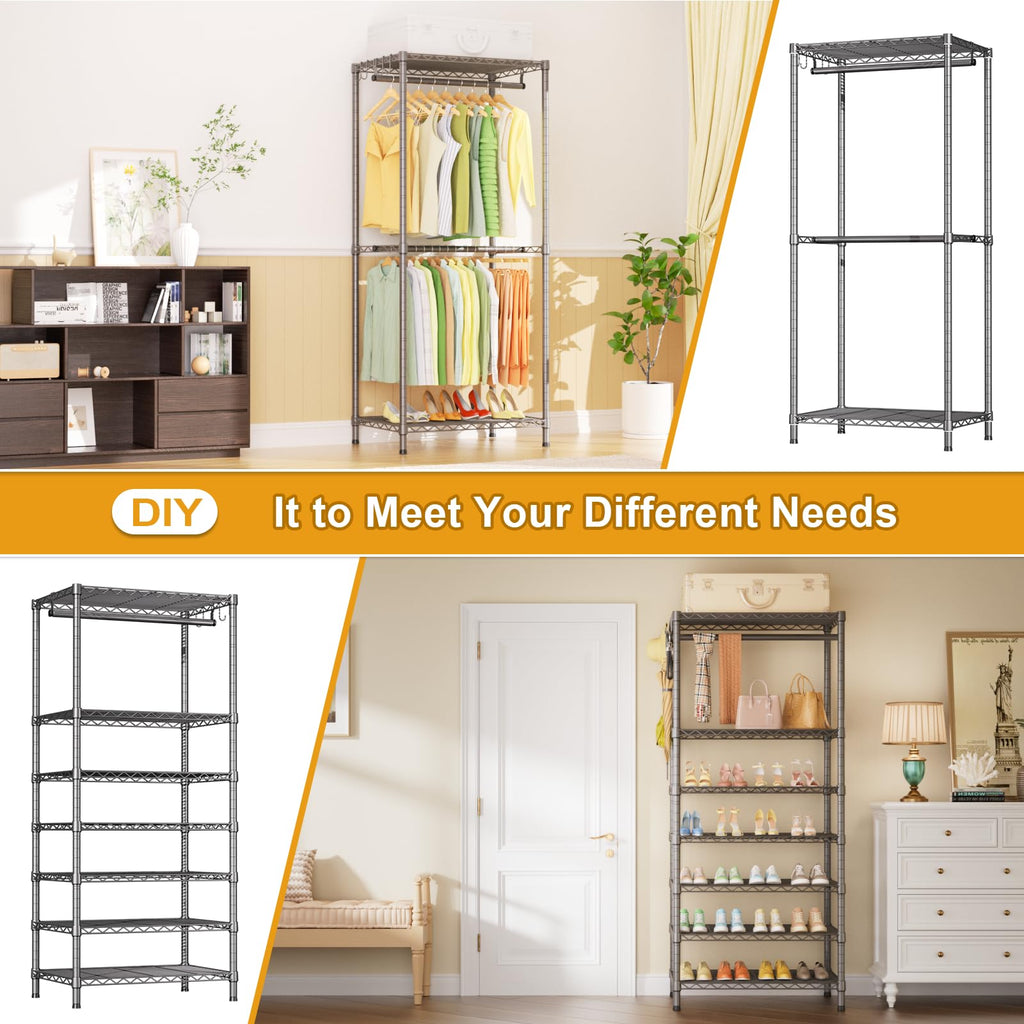 E13 Heavy Duty Clothes Rack(With 4 Hanger Rods & 8 Shelves) Freestanding Clothing Racks for Hanging