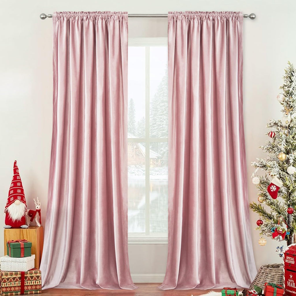 Vintage Velvet Drapes, Room Darkening Waterfall Valance Curtains Set, Retro Pink Solid Window Treatment, W59 & 52 x