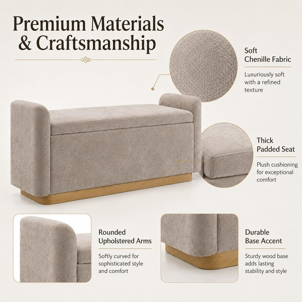 49" Storage Ottoman Bench, Upholstered Bench, Chenille, Brown | End of Bed Bench with Hidden Storage, Safety Hinge &