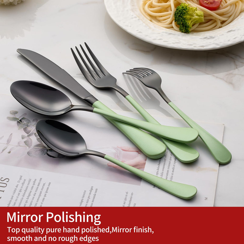 20-Pieces Green and Black Silverware Sets for 4,Green Handle Stainless Steel Cutlery Set, Include Forks Spoons and