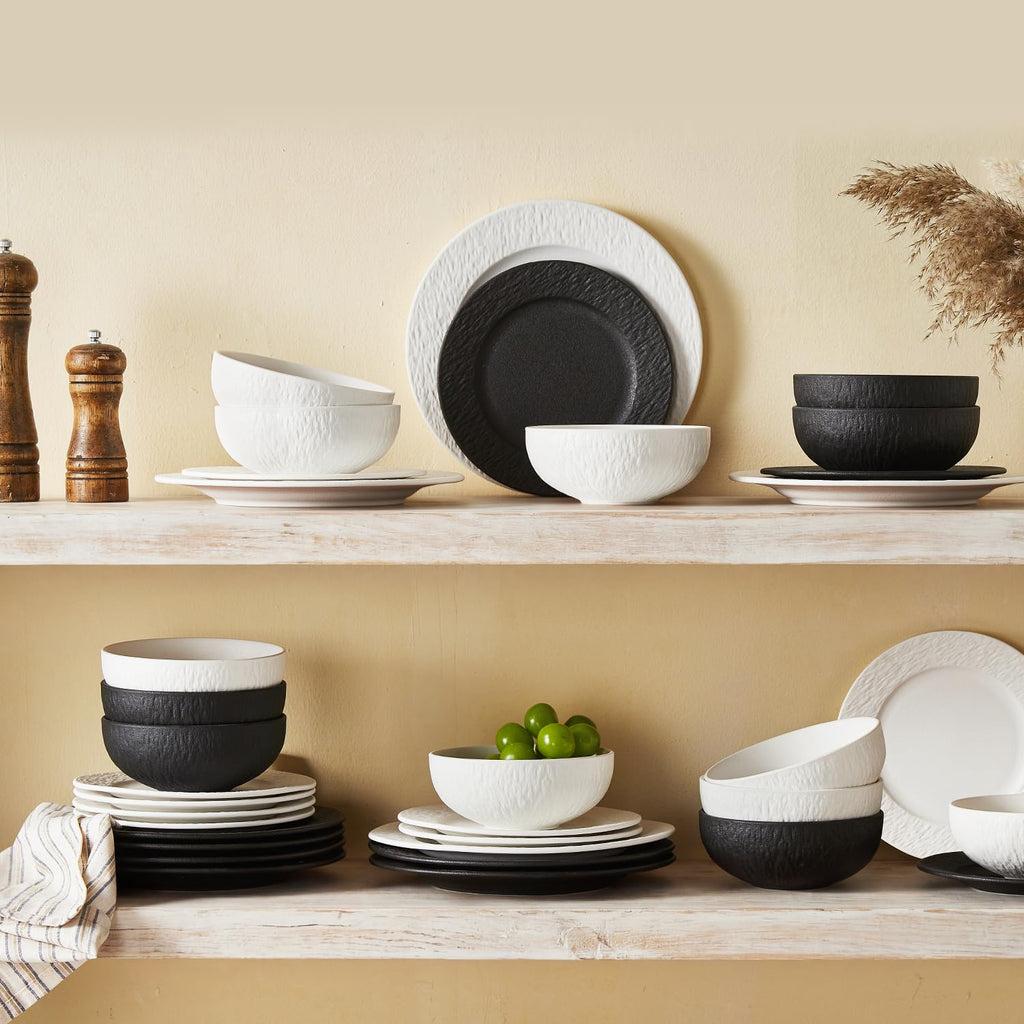 Black & white Dinnerware Sets for 4, 12-Piece plates and bowls sets