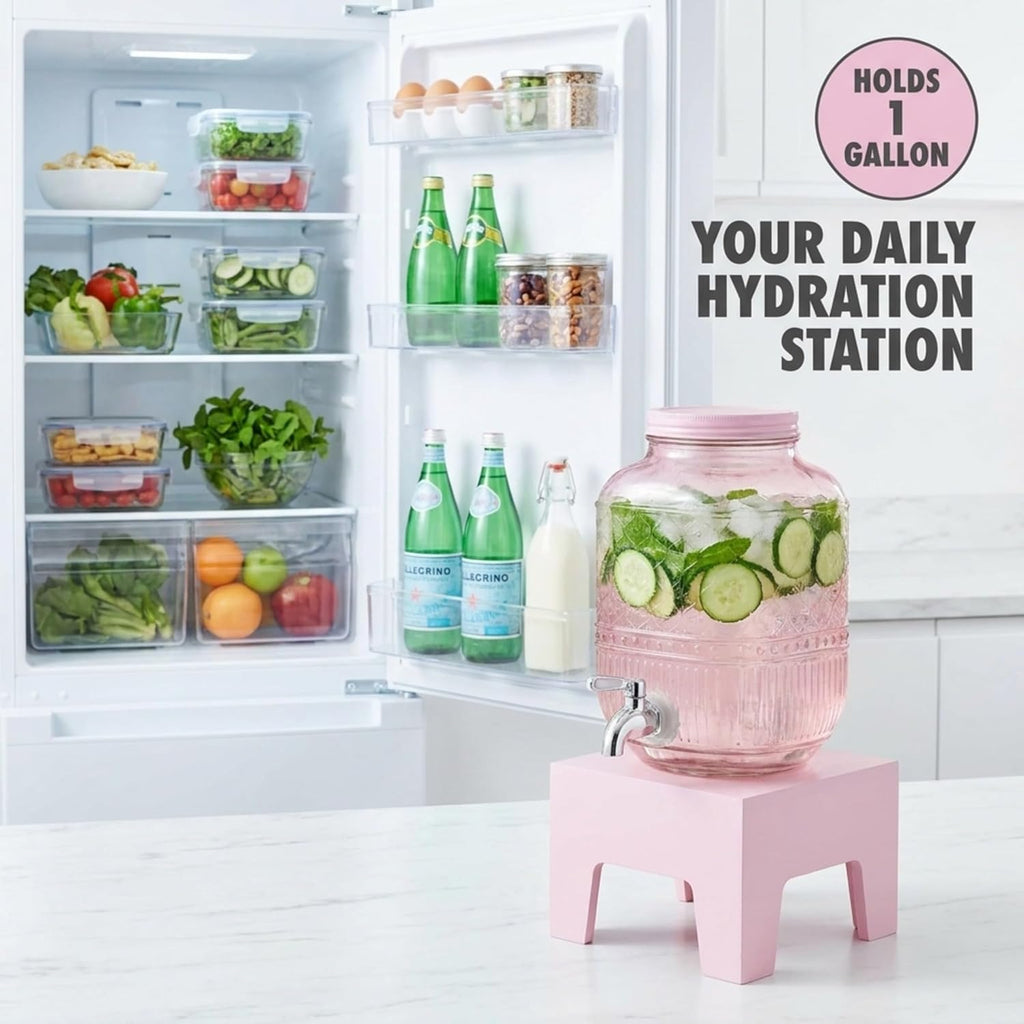 Beverage Dispenser 1 Gallon (16 Cups), Drink Dispenser, Wooden Stand, Pink