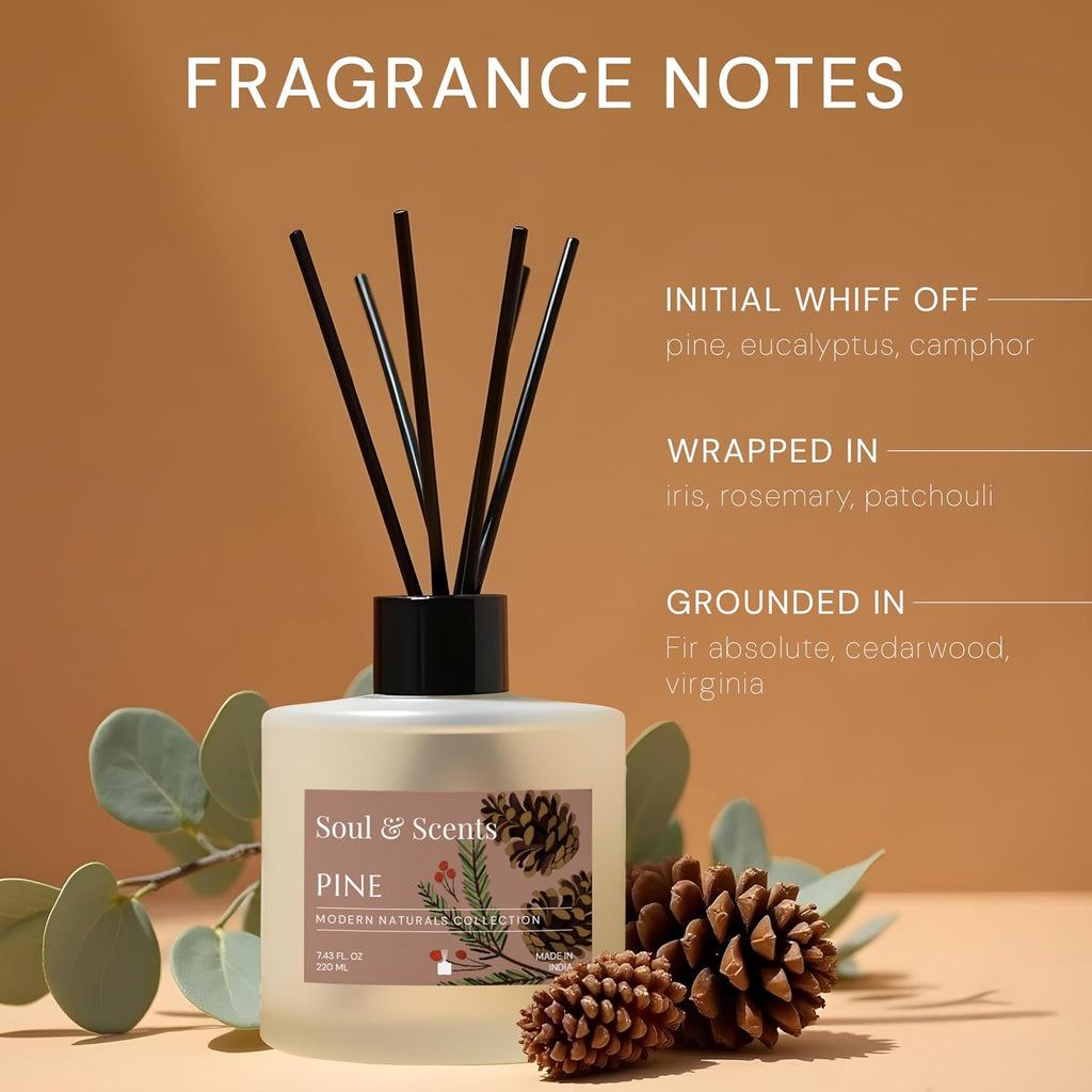 Reed Diffuser Set - Pine | 7.43 oz Refillable Scented Oil with 6 Fiber Sticks | Long-Lasting Home Fragrance & Air