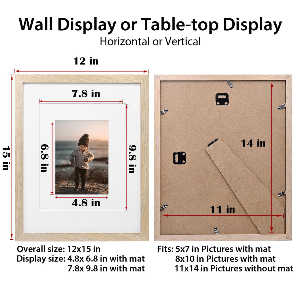 11x14 Picture Frame Natural, Solid Wood Frame 11x14 with Acrylic Plexiglass for Pictures 5x7/8x10 With Mat, Tabletop