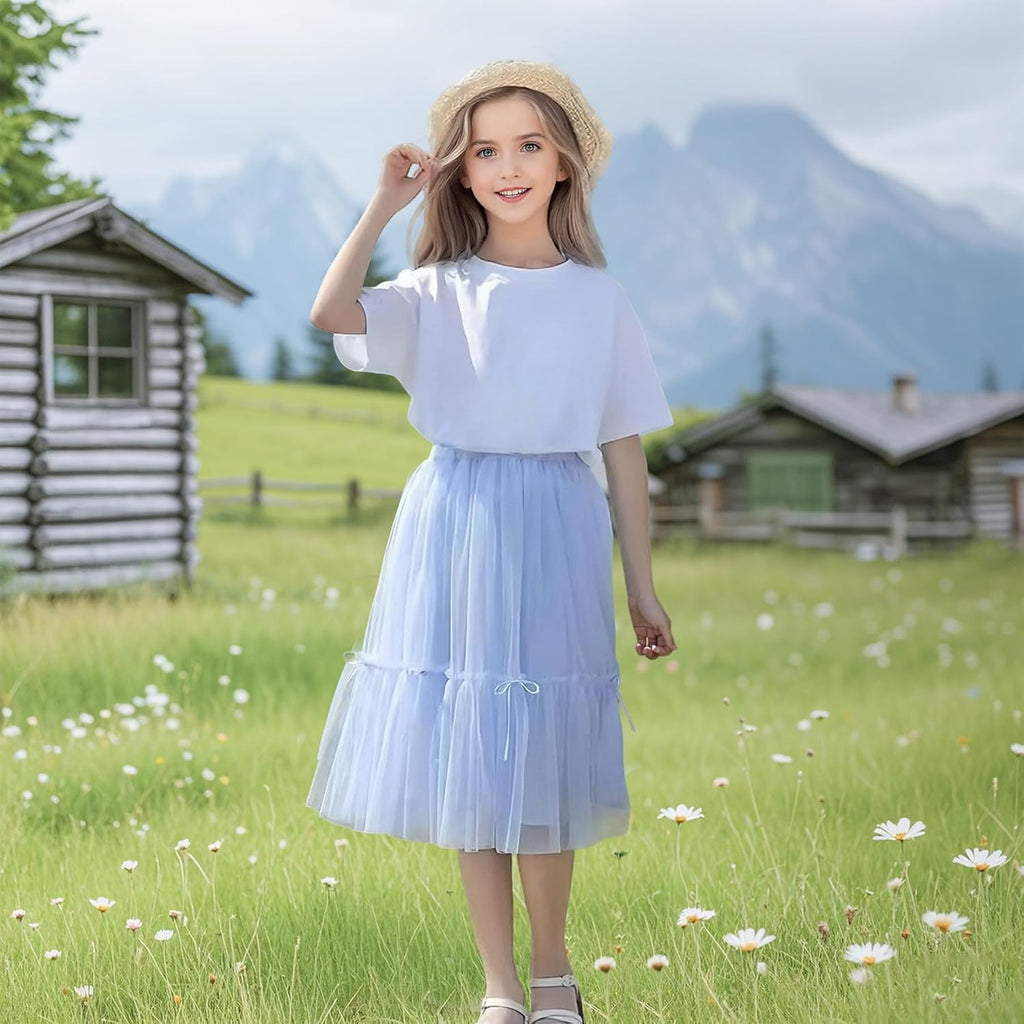 Girls High Waist Tulle Skirts A-line Mesh Skirt Midi Tutu Skirts Dress for Toddler Girl