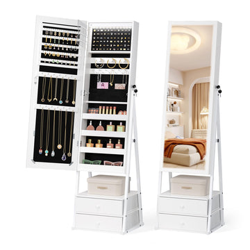 LED Jewelry Armoire with Full-Length Mirror, Lockable Standing Jewelry Cabinet with 2 Drawers, Large Jewelry