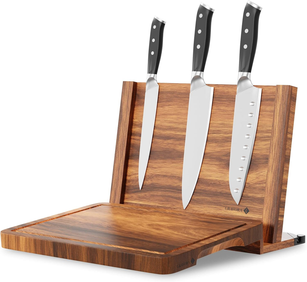 3 in 1 Magnetic Knife Block Stand, 14"x10" Cutting Board, Knife Sharpener - Wooden Magnetic Knife Holder - Acacia