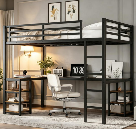 Twin XL Size Loft Bed with Desk and Shelves, Metal Twin XL loft bedframe with L Desk and 6 Storage Shelves, Black
