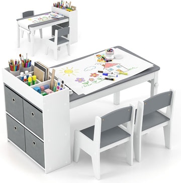 Kids Art Table and Chair Set with Paper Roll, Bookshelf, Grey