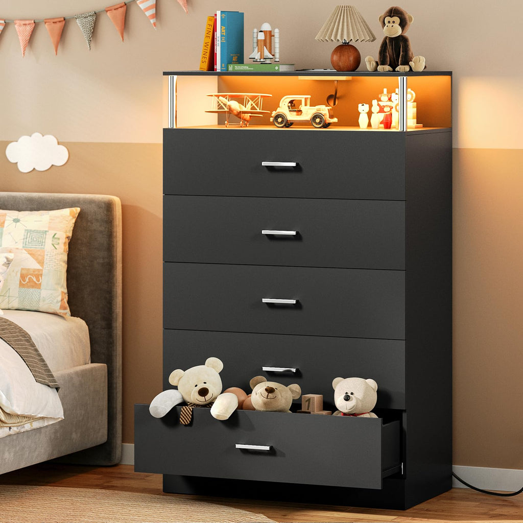 Black Dresser with Column Design & Charging Station, Led 5 Drawers Tall Dresser, Black