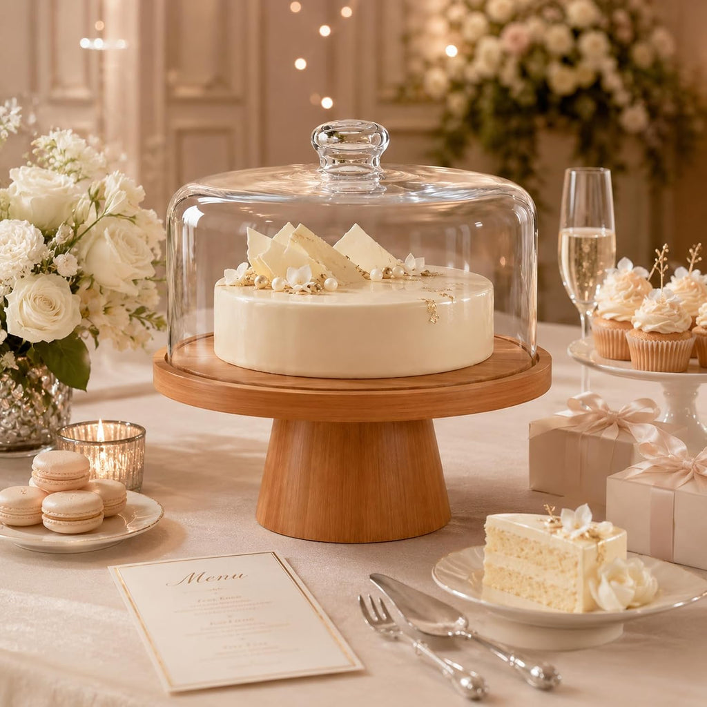 Cake Stand with Glass Lid, 11" Magnetic Bamboo Base for Parties & Kitchen