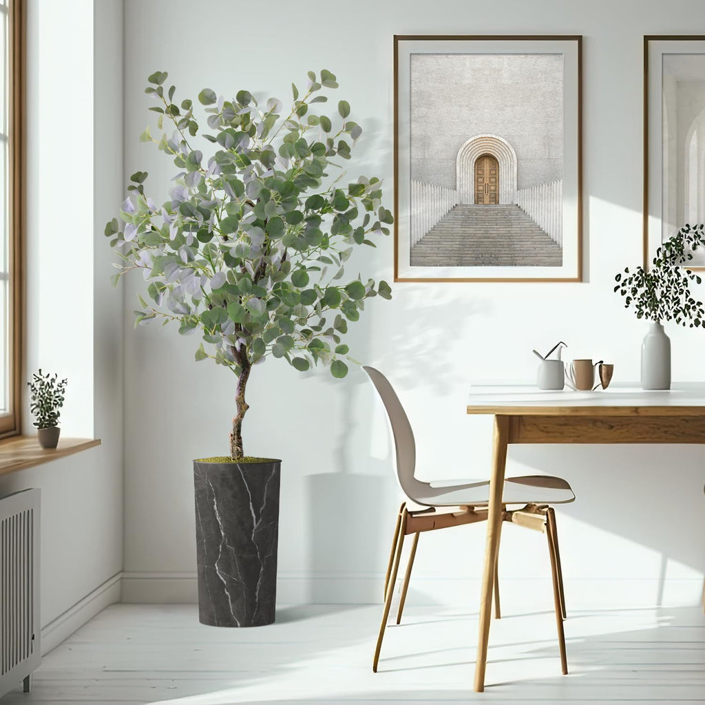 Artificial Tree in Modern Granite Effect Planter, Fake Eucalyptus Silk Tree for Indoor and Outdoor Home Decoration