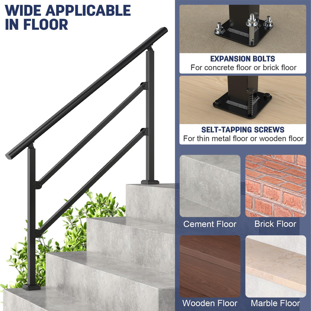 2 Pack Handrails for Outdoor Steps, Black Stair Handrail Fit 1-4 Steps