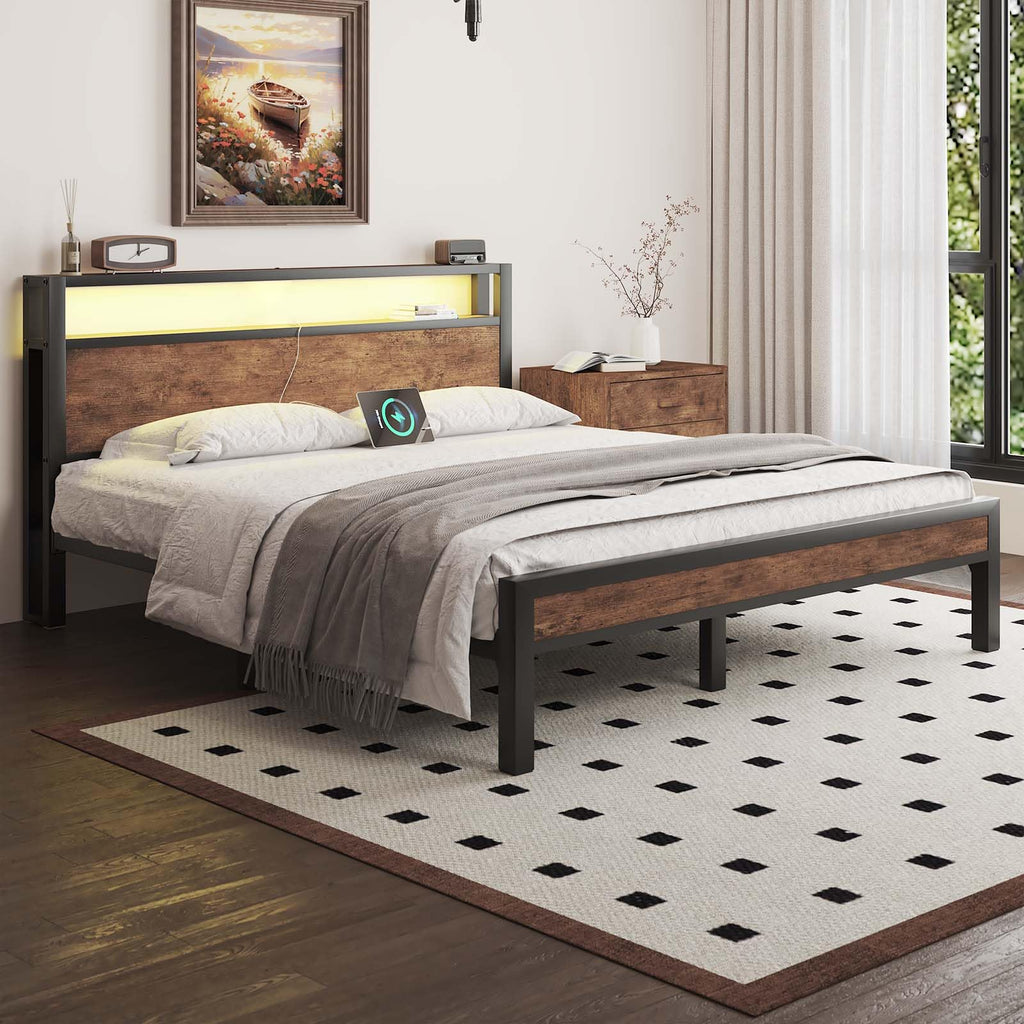 Bed Frame with Storage Headboard and LED Lights, Rustic Brown