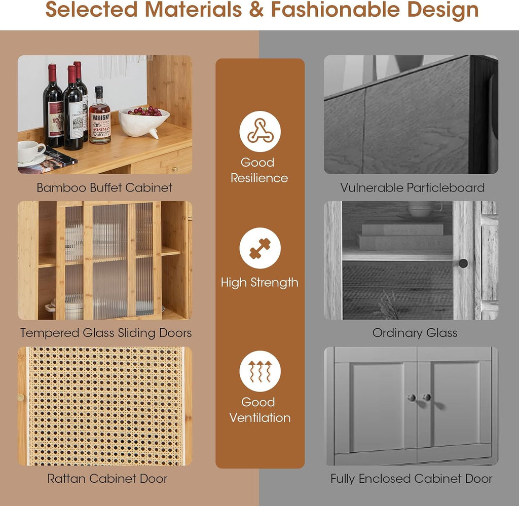 69" Kitchen Pantry Cabinet, Bamboo Hutch Storage Cabinet w/Storage | Freestanding Buffet Sideboard Cabinet with