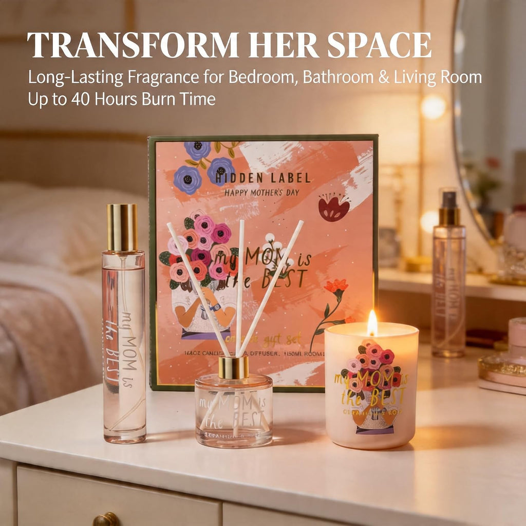 Soy Candle Set: Geranium & Rose 'Best Mom' Gift with Reed Diffuser & Room Spray - Set of 3