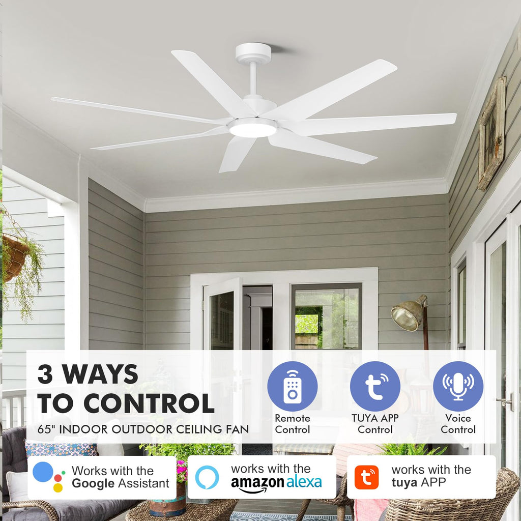 65 inch White Smart Ceiling Fan with Light, 7 Propeller Blades, High CFM