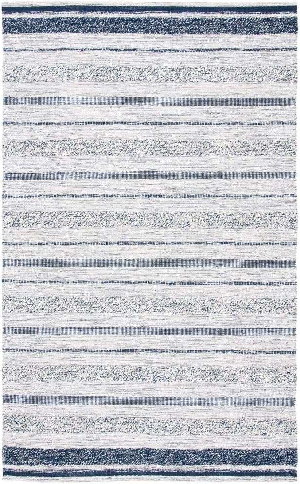 Area Rug - Striped Kilim Collection - Large - Ivory & Navy, Handmade Flat Weave Cotton, Ideal, Dining Space