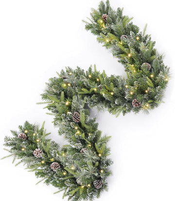 9Ft Pre-Lit Christmas Garland, Plug , Green, 50 White Lights, Fireplace Stairs Mantle Door Indoor Outdoor