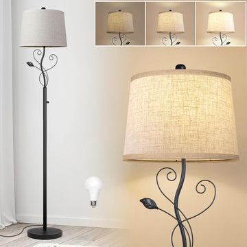 63'' Rustic Floor Lamps Decor with Rotary Dimmer, Black Leaf Tall Lamp with Linen Sade Dimmable Bulb Included