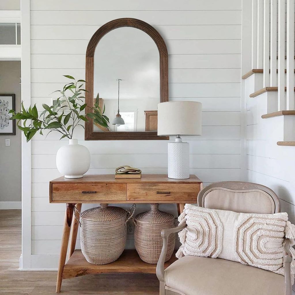 Arched Mirror, Farmhouse Decor Solid Wood Frame Wall Mirror, Bathroom Mirrors, Large Vintage Mirror, Foyer (Coffee