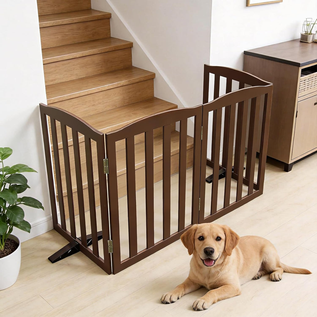 Freestanding Dog Gate Indoor, Doggie Gate Foldable Pet Gates for Doorways, Stairs or Hallways, Wooden Brown Pet Gate