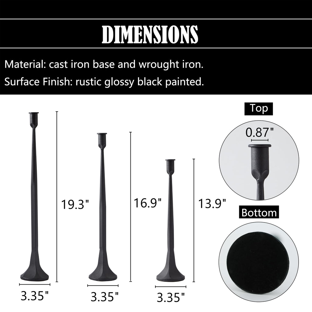 Iron Taper Candle Holder Set of 3, Black Candlestick Holders 19.3"17" 14" Heightening Decorative Candle Stand Set for