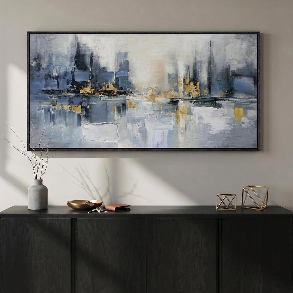 Framed Blue Abstract Wall Art , Extra Large Modern Cityscape Canvas Artwork for Walls, Horizontal Contemporary