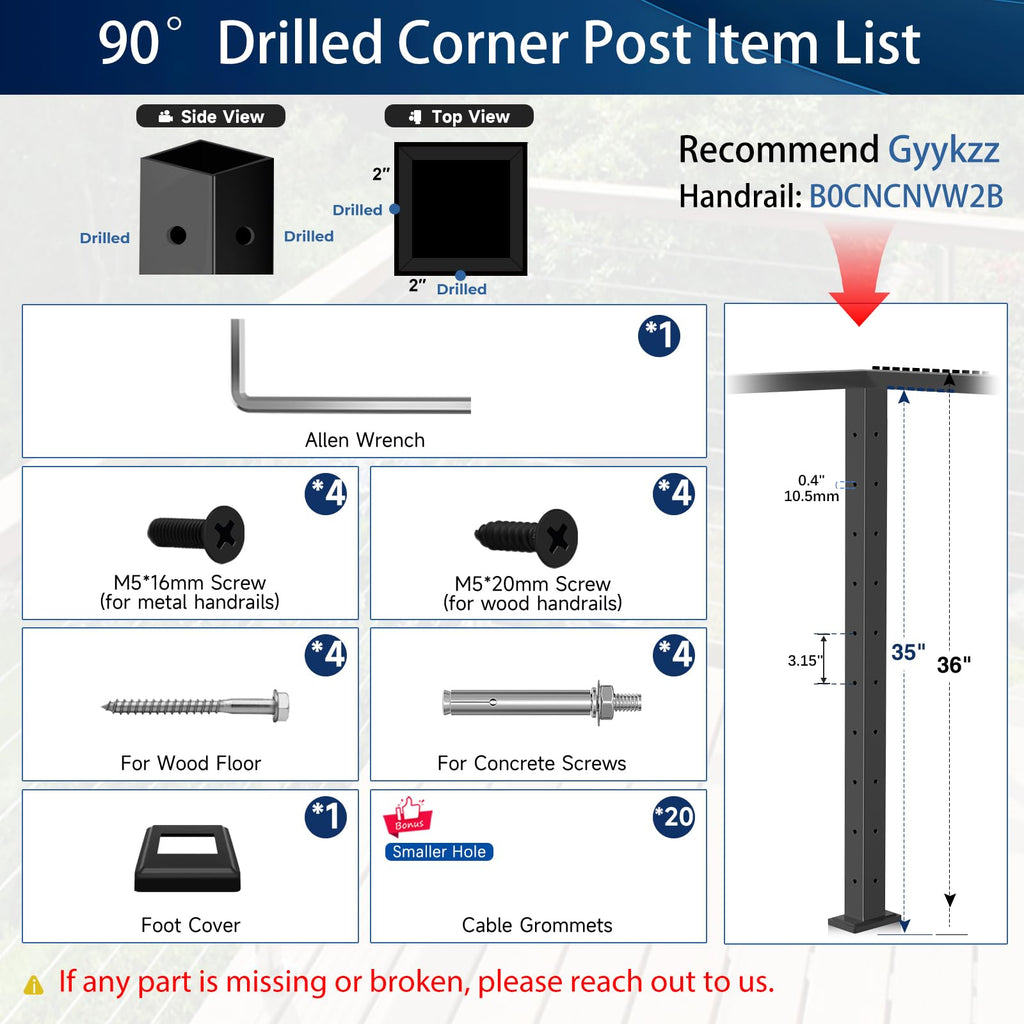 36" Cable Railing Corner Post, Fixed Top Mount 90° L-Drilled One Post Corner Solution, Stainless Steel T304