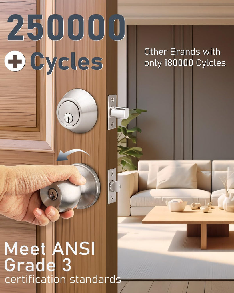 3 Pack Keyed Entry Door Knob and Single Cylinder Deadbolt Combination Set in Satin Nickel, Exterior Door Knob with