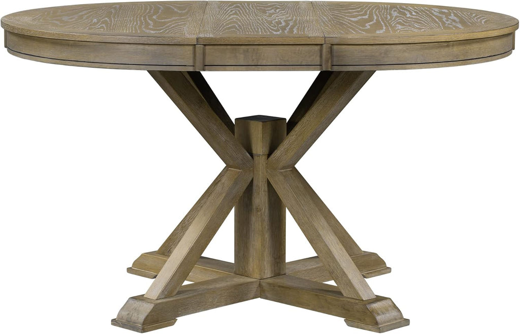 Retro Style Round Dining Table Functional Wooden Extendable Oval Dining Table with 12" Leaf and Natural Wood Grain