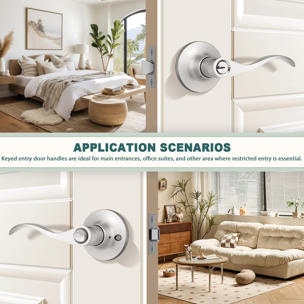 Entry Door Handles with Lock and Same Keys, Brushed Nickel Keyed Aliked Entry Door Lock Sets for Exterior & Interior