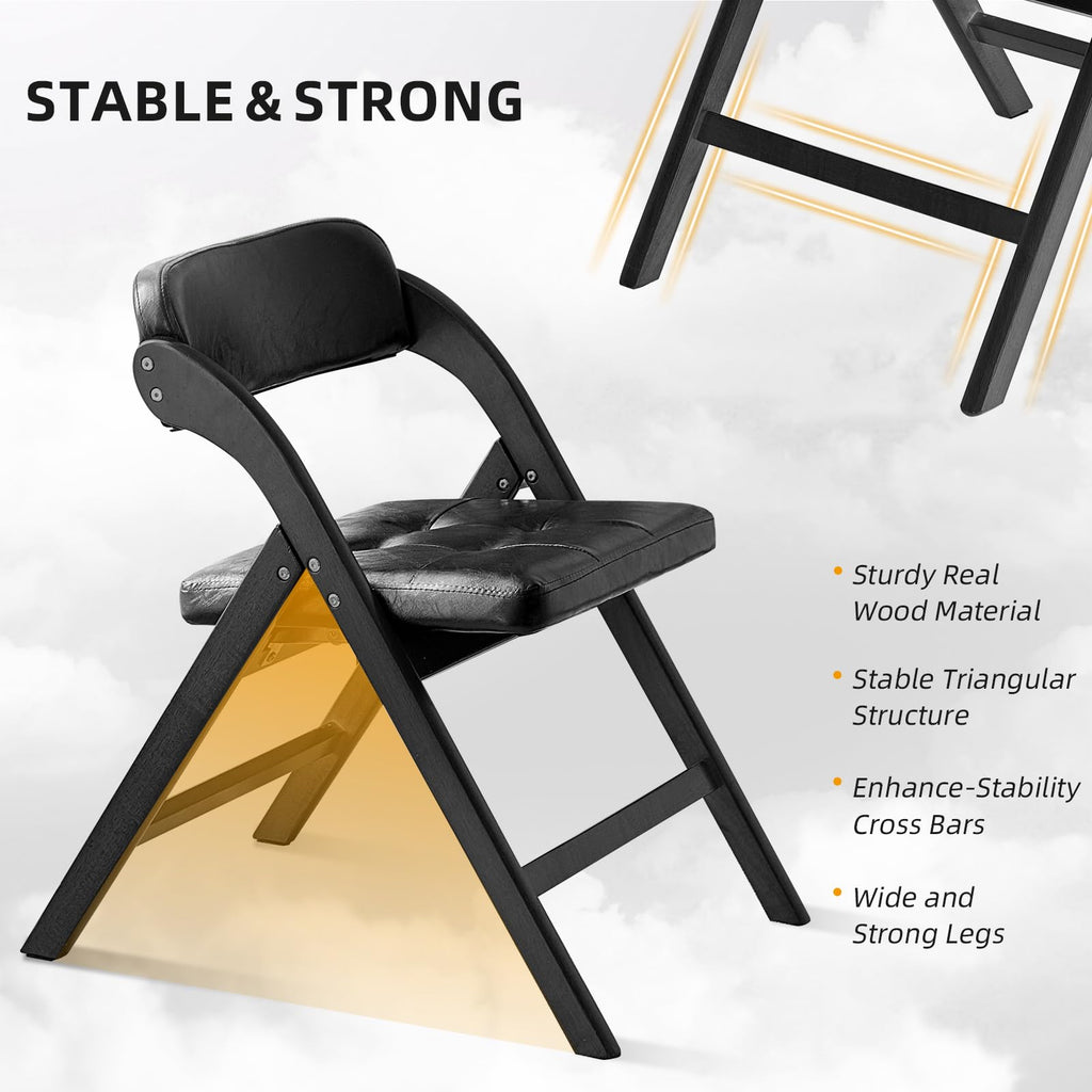 Wooden Folding Chairs Set of 2, Padded Foldable Chairs, Black