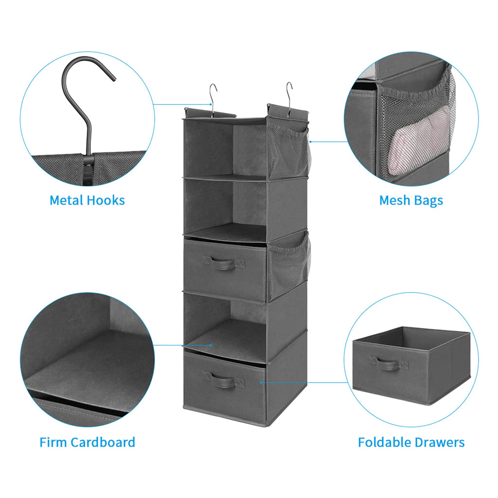 5 Tier Shelf Hanging Closet Organizer, Cloth Hanging Shelf with 2 Sturdy Hooks for Storage, Foldable (Grey-D2)
