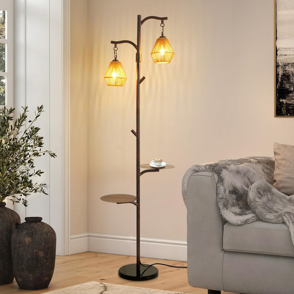 Arc Floor Lamp with Cage Shade, Rattan&Fabric Boho Floor Lamps Bedroom, Rust Color Industrial Dimmable Floor