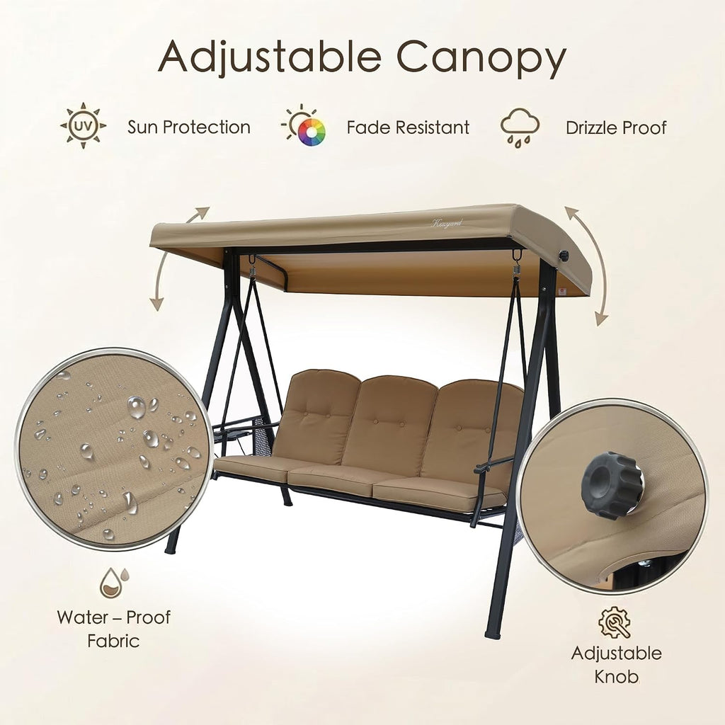 Herbert Deluxe 3-Seat Patio Porch Swing Chair with Stand | Adjustable Canopy, Outdoor Freestanding Swing Chair for