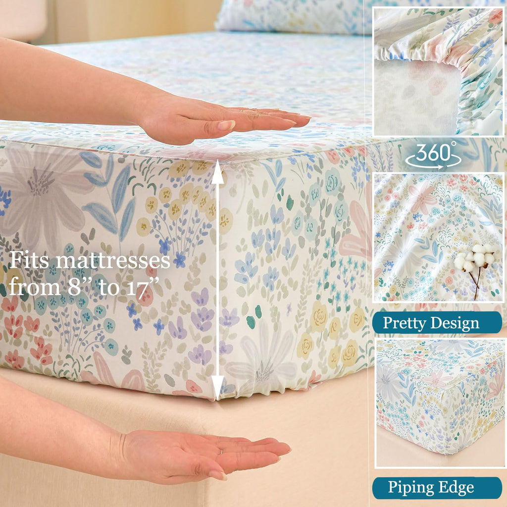 Floral Sheets Full Size 100% Cotton Satin Weave Light Pink Watercolor Bed Sheet Set, Soft Cooling for Hot Sleepers