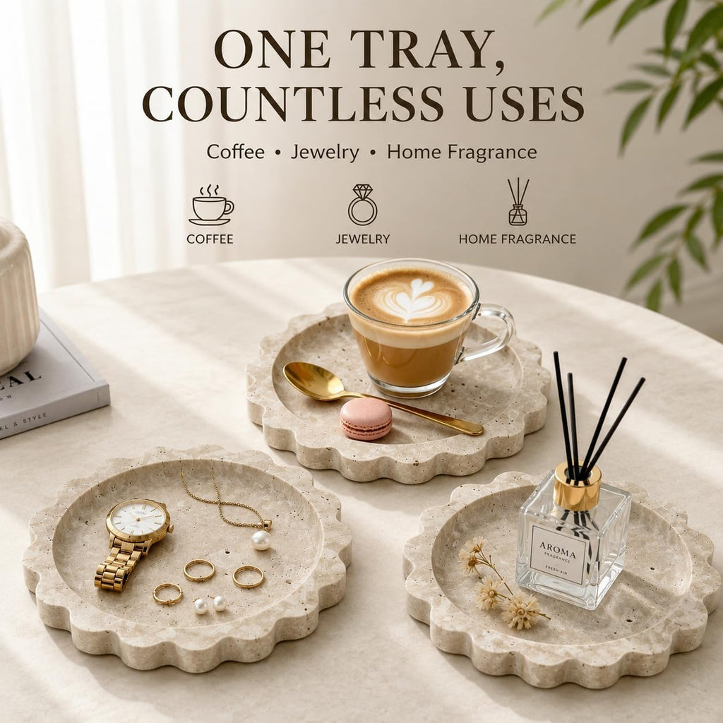 Marble Scalloped Edge Tray, 6.3"*6.3"Travertine Ring Dish Jewelry Tray