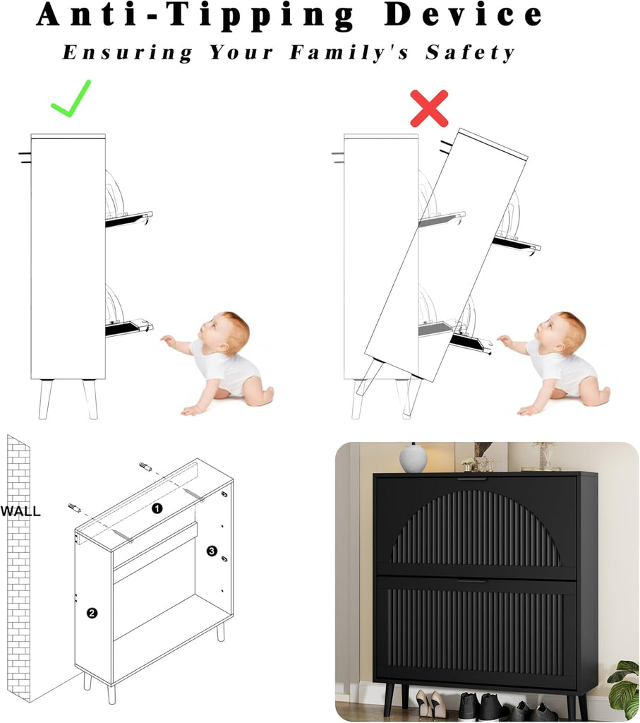 Shoe Storage Cabinet with 2 Flip Drawers, Narrow Wood Shoe Organizer Cabinet with Fluted Panel, Slim Shoe Rack